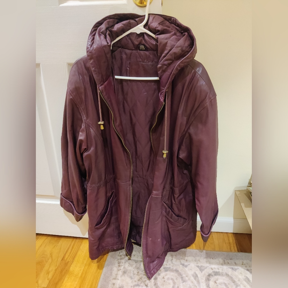 Jacqueline Ferrara hooded leather jacket plum